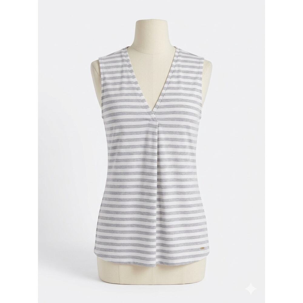 Tommy Hilfiger Striped V-Neck Tank Top L Grey White Pleated Front Summer Coastal - Picture 1 of 12